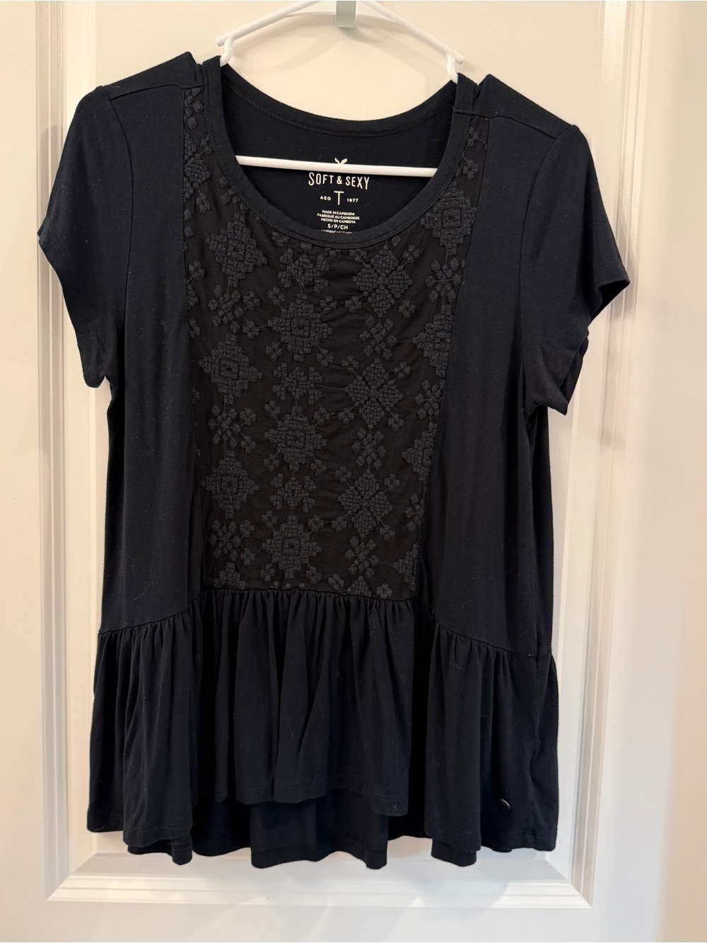 American Eagle Outfitters Black Panel Peplum Embroidered Tee Small